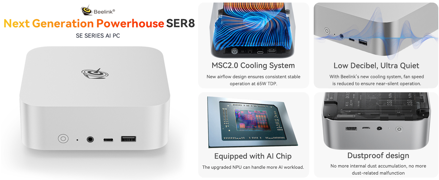 Beelink Mini PC para jogos SER8, AMD Ryzen 7 8845HS (8T/16T, até 5